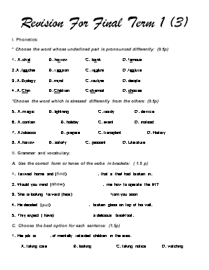 Đề ôn tập cuối học kì I môn Tiếng Anh Lớp 10 (Cơ bản) - Đề số 3
